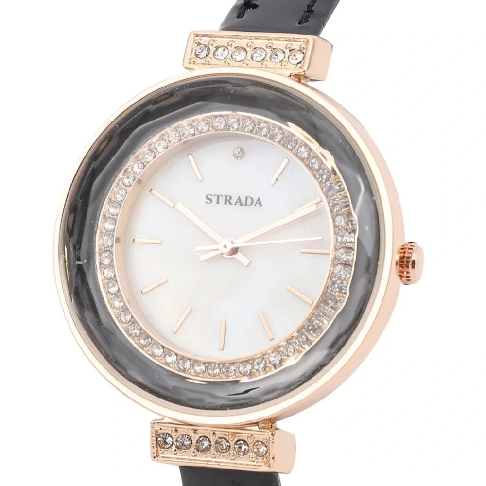 Austrian Crystal, Enameled Japanese Movement Watch. Black Faux Leather Band